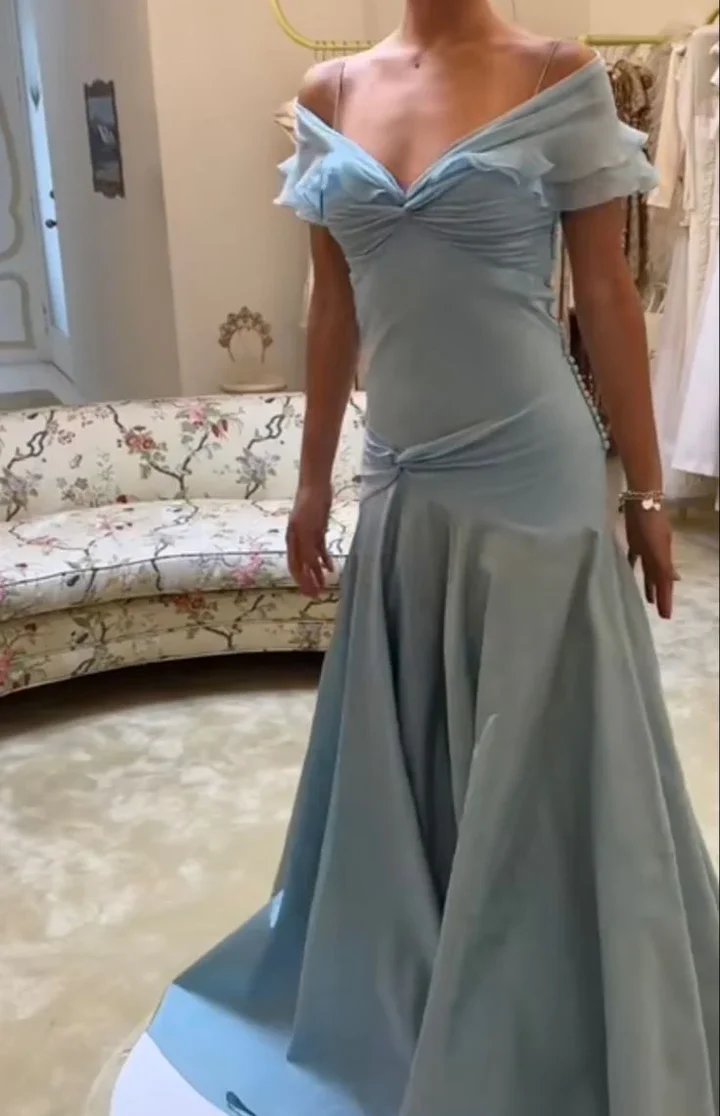 Retro Style A Line Off the Shoulder Blue Satin Long Party Dress Prom Dress SH2611