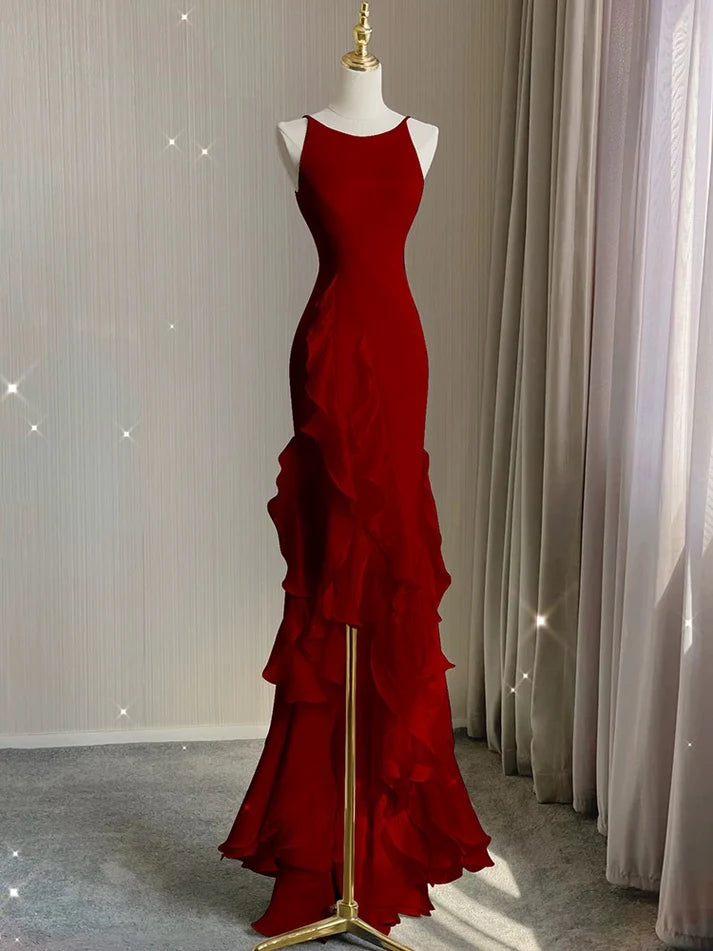Simple Black Mermaid Spaghetti Strap Ruffle Chiffon Open Back Long Prom Dress Party Dress SH4543