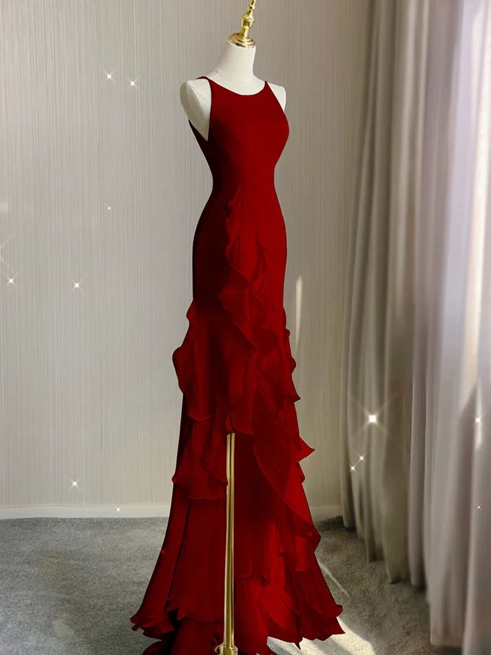 Simple Black Mermaid Spaghetti Strap Ruffle Chiffon Open Back Long Prom Dress Party Dress SH4543