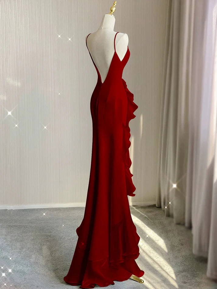 Simple Black Mermaid Spaghetti Strap Ruffle Chiffon Open Back Long Prom Dress Party Dress SH4543