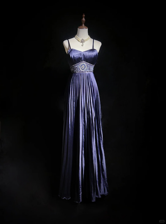Retro A Line Spaghetti Strap Pleated Beaded Purple Satin Prom Dress Evening Dress SH3327