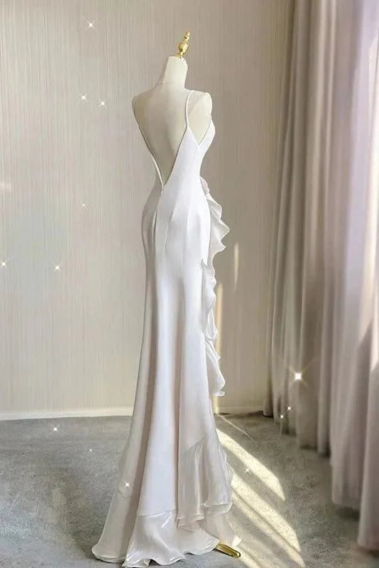 Simple Black Mermaid Spaghetti Strap Ruffle Chiffon Open Back Long Prom Dress Party Dress SH4543