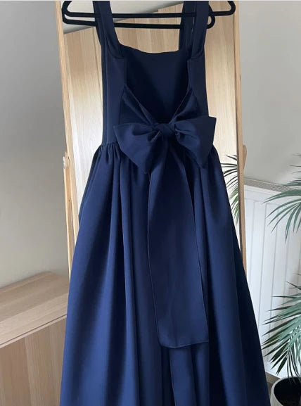 Cute A Line Straps Pink Satin Tea Length Prom Dress With Bow SH3780