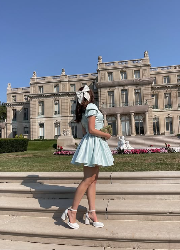 Cute Baby Blue A Line Puff Satin Short Homecoming Dress Outfits SH4862