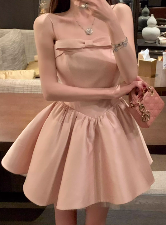 Pink Bow A Line Spaghetti Strap Satin Short Homecoming Dress Cocktail Dress SH3384