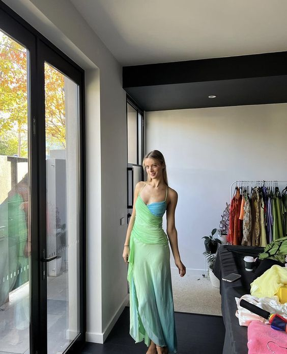 Mermaid Straps Ombre Green Floor Length Backless Prom Dress SH1319