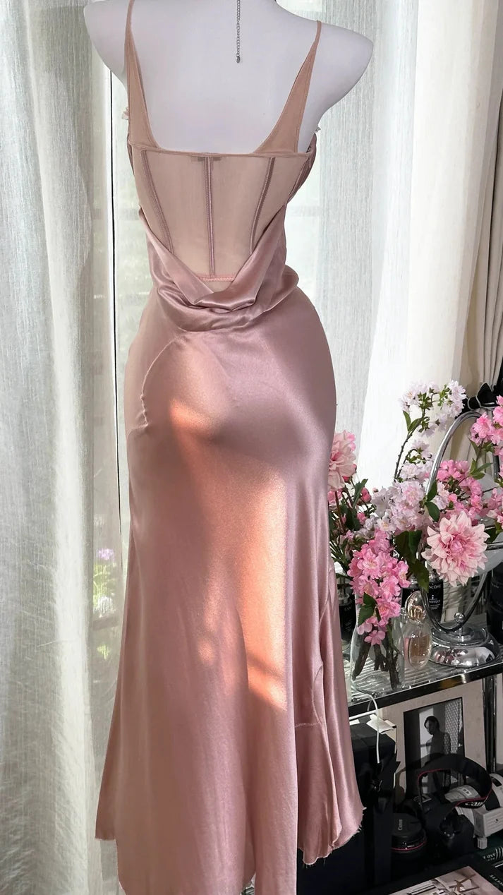 Simple Pink Mermaid Spaghetti Strap Satin Tulle Evening Dress Party Dress SH3798