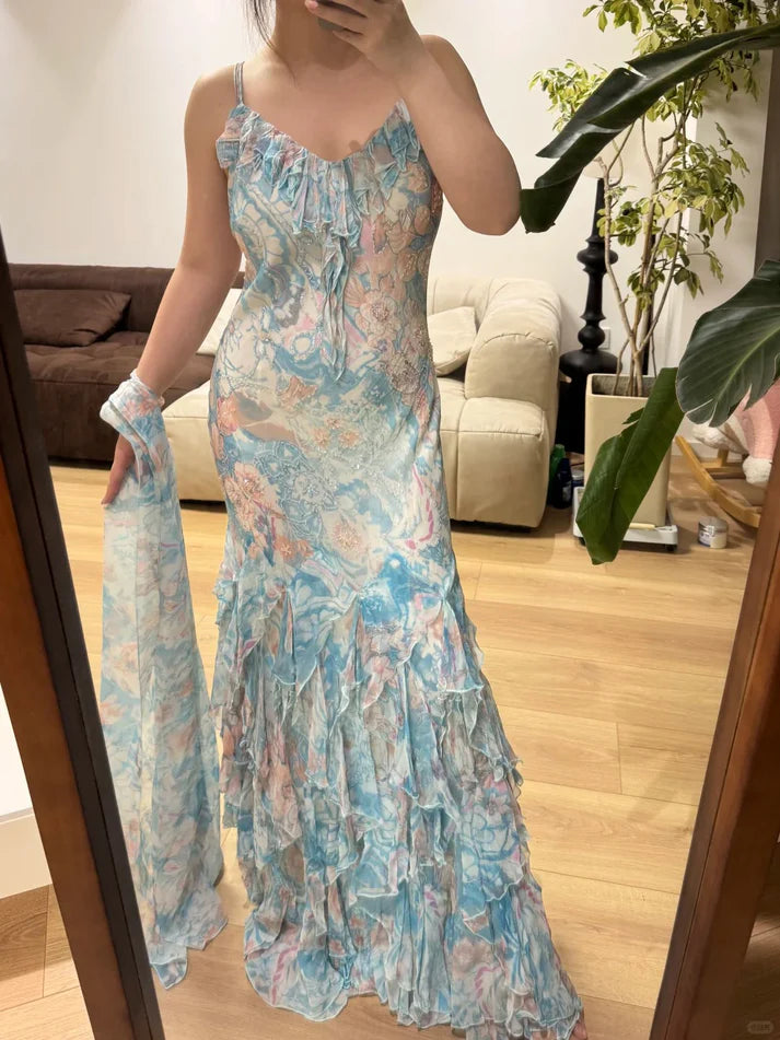Vintage Mermaid Spaghetti Strap Blue Ruffle Layered Prom Dress Party Dress SH4070