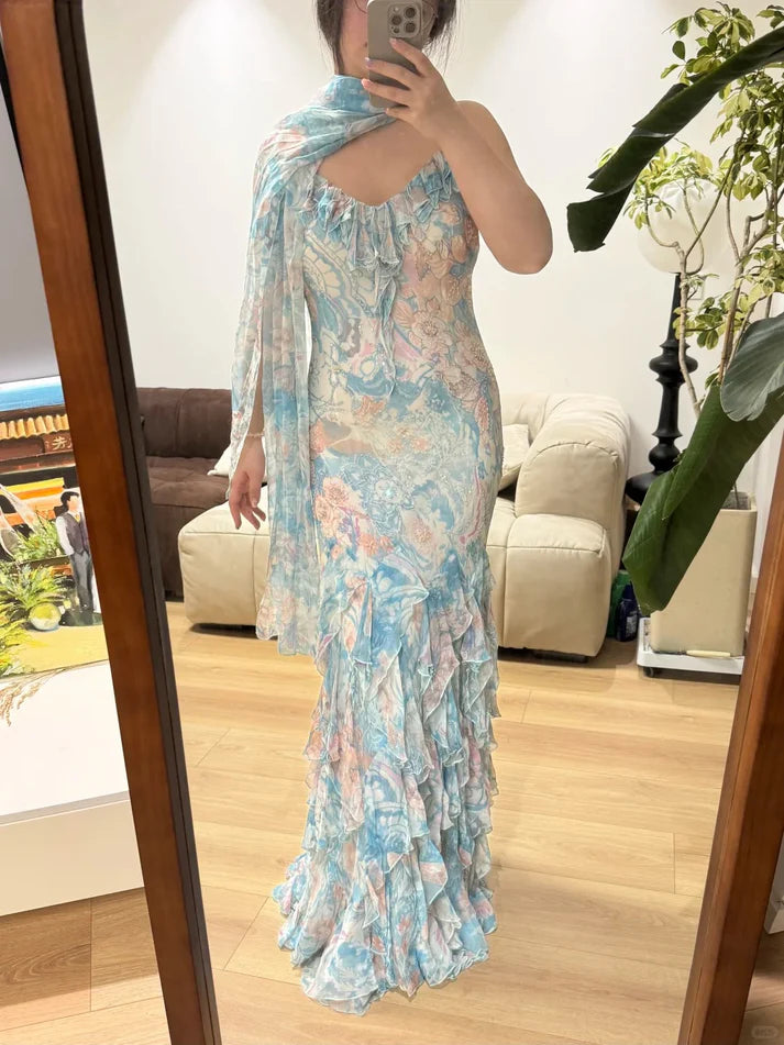 Vintage Mermaid Spaghetti Strap Blue Ruffle Layered Prom Dress Party Dress SH4070