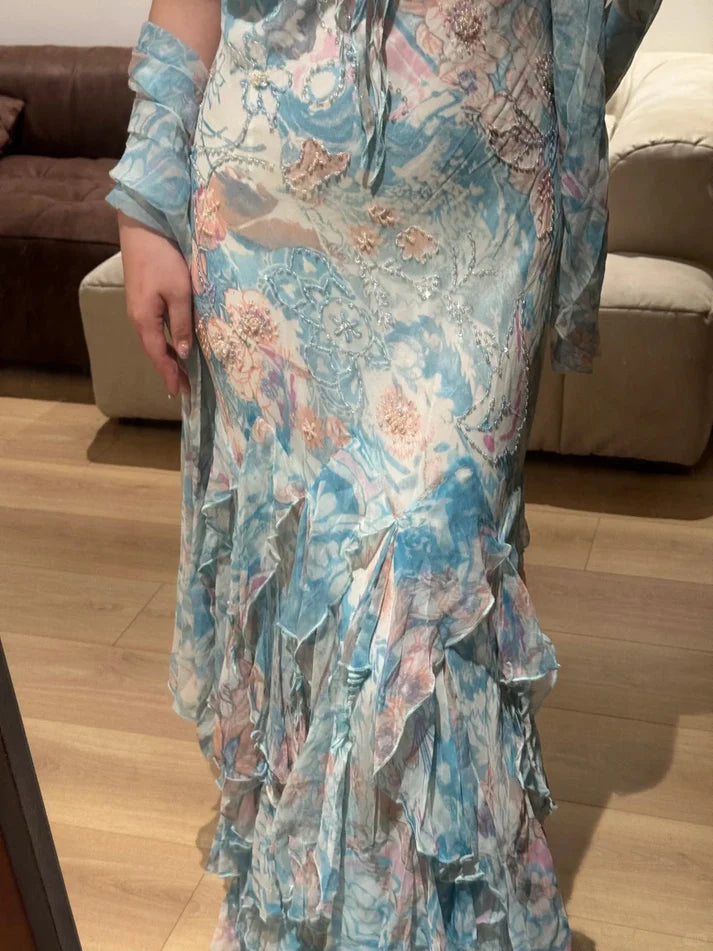 Vintage Mermaid Spaghetti Strap Blue Ruffle Layered Prom Dress Party Dress SH4070