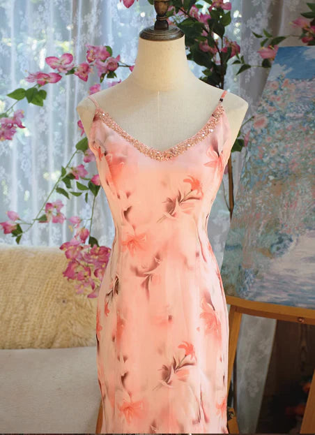 Print Floral Mermaid Spaghetti Strap Beaded Chiffon Evening Dress Party Dress SH3802