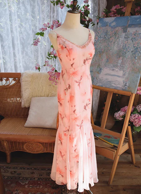Print Floral Mermaid Spaghetti Strap Beaded Chiffon Evening Dress Party Dress SH3802