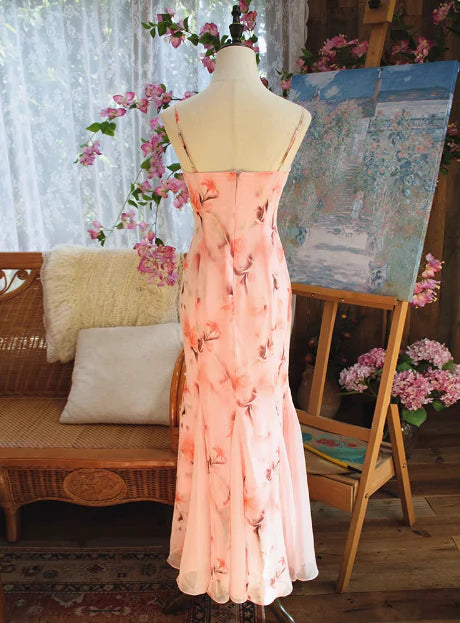 Print Floral Mermaid Spaghetti Strap Beaded Chiffon Evening Dress Party Dress SH3802