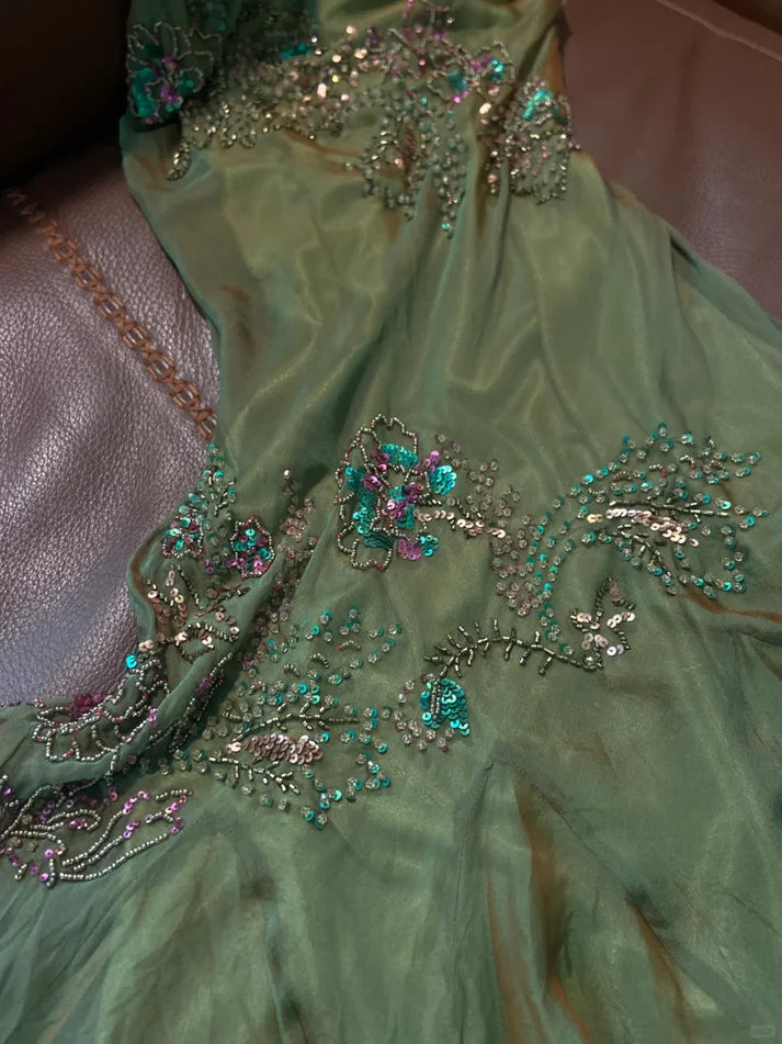 Retro Green Mermaid Spaghetti Strap Exquisite Beaded Chiffon Prom Dress Party Dress SH4068