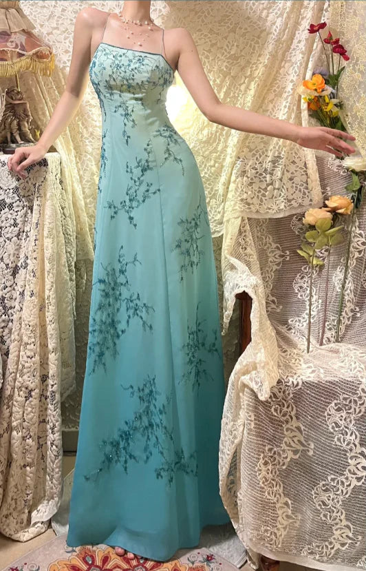 Vintage Blue Ombre A Line Spaghetti Straps Beaded Chiffon Open Back Prom Dress Evening Dress SH3785