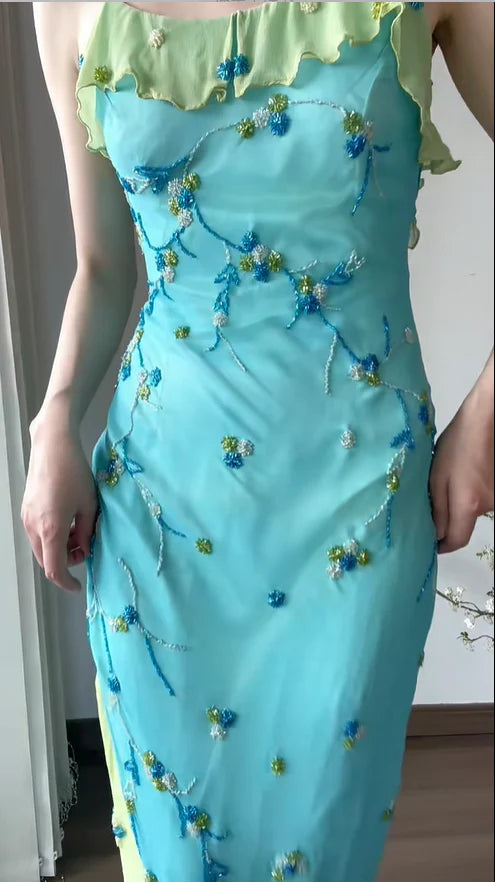Retro Sheath Spaghetti Straps Beaded Blue Green Chiffon Prom Dress Party Dress SH4065