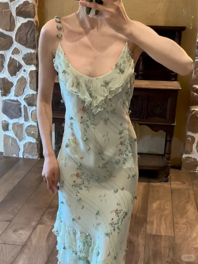 Sage Green Floral Mermaid Spaghetti Strap Layered Chiffon Evening Dress Party Dress SH3800