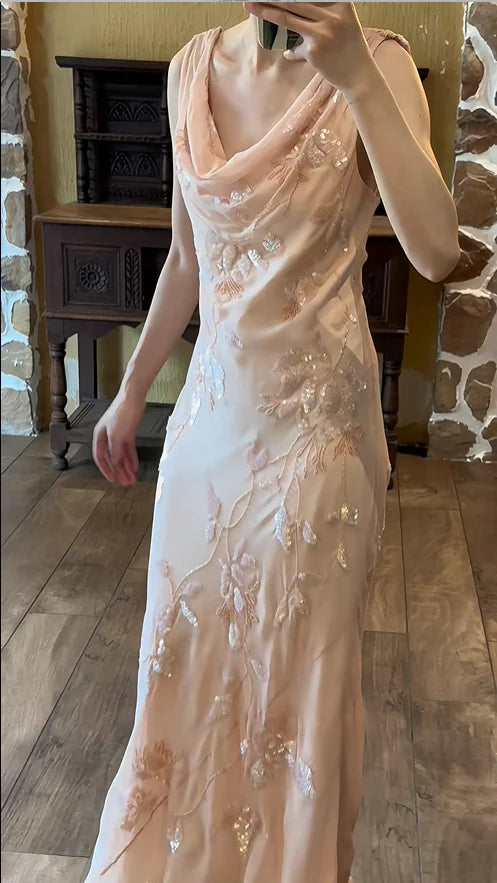 Light Pink Mermaid Round Neck Beaded Floral Chiffon Evening Dress Party Dress SH3801