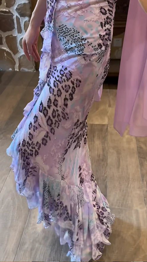 Retro Purple Leopard Mermaid Spaghetti Strap Chiffon Prom Dress Party Dress SH4067