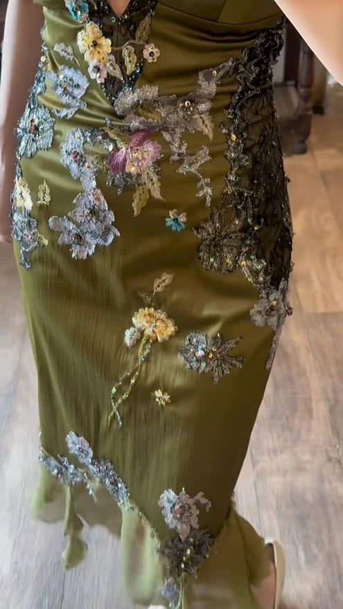Retro Olive Green Sheath V Neck Beaded Embroidery Chiffon Prom Dress Party Dress SH4066