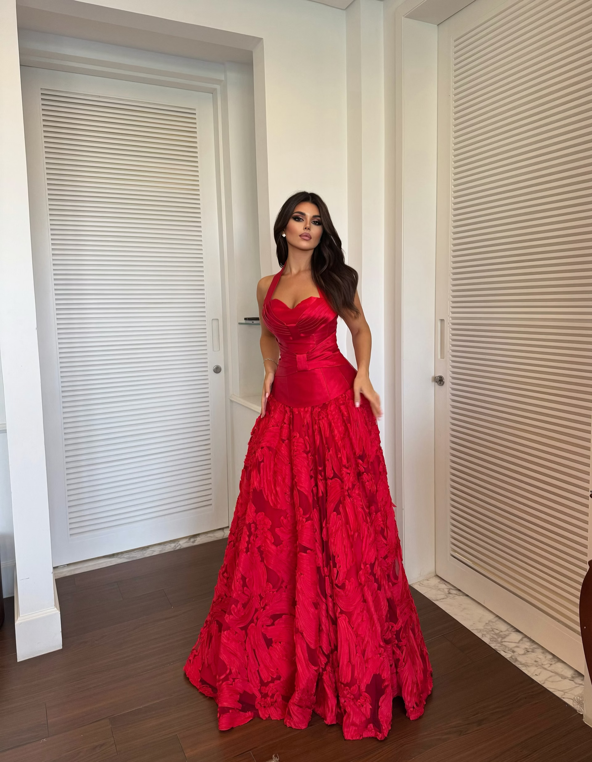 Stunning Red A Line Halter Satin Long Prom Dress Evening Dress SH8545
