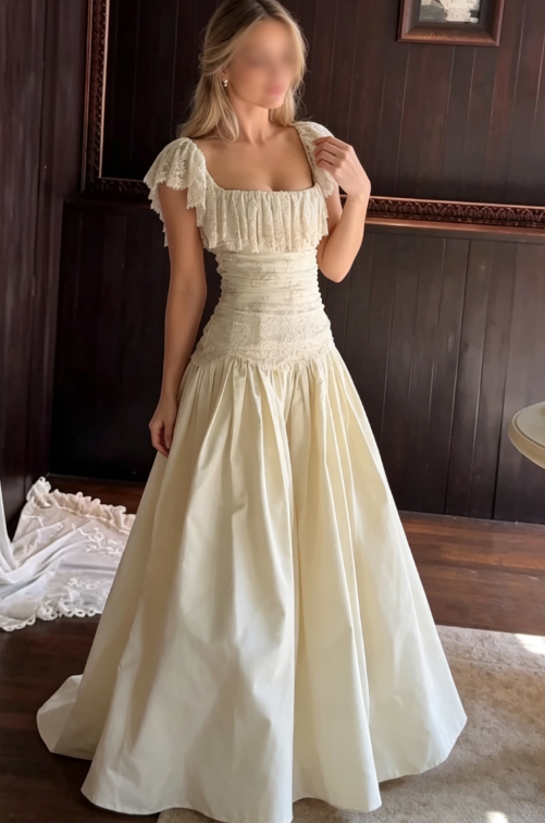 Vintage Ball Gown Straps Lace Satin Long Wedding Dress SH7091