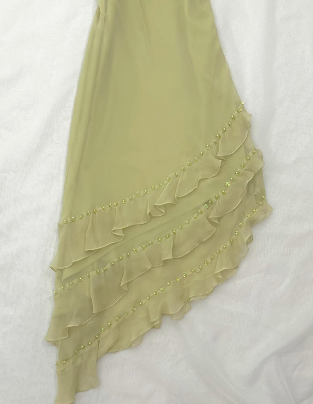 Bean Green Floral A Line Spaghetti Strap Beaded Layered Chiffon Homecoming Dress Party Dress SH3568