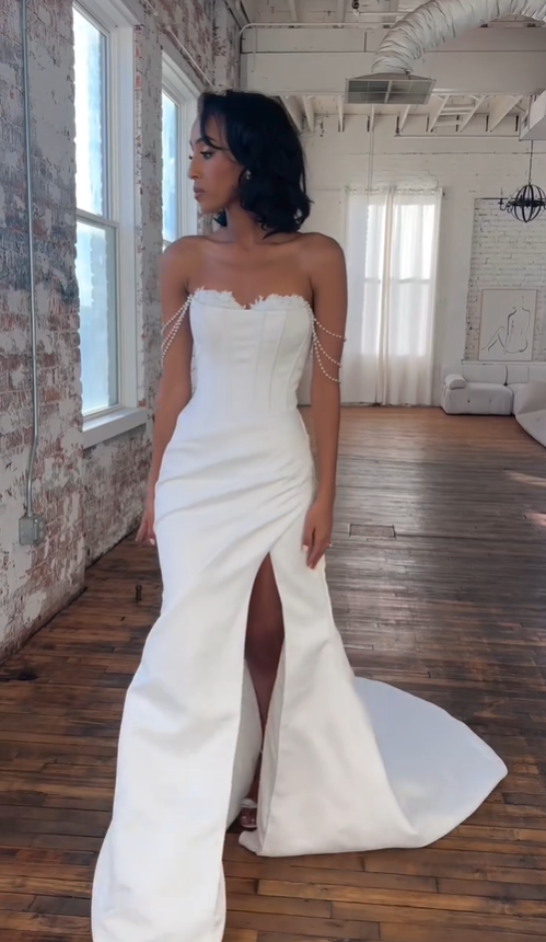 Classic Mermaid Strapless Pearl Satin Wedding Dress Prom Dress with Slit SH4129