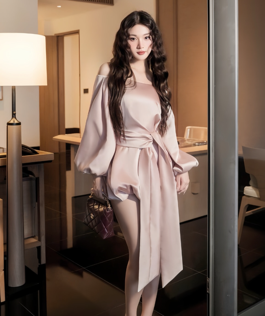 Gentle A Line Long Sleeve Satin Short Homecoming Dress Cocktail Dress SH3299