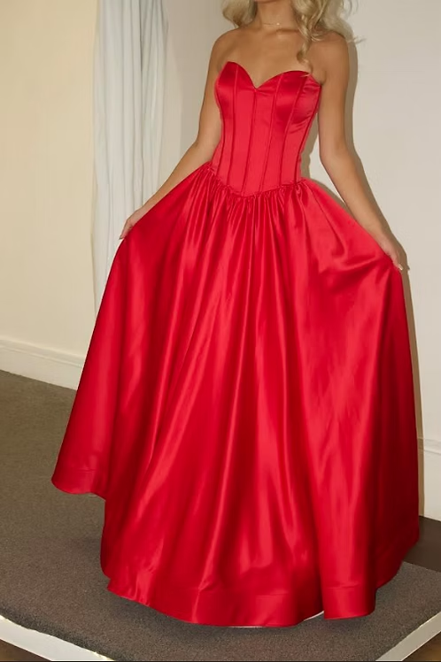 Red A Line Sweetheart Neck Corset Satin Long Prom Dress Evening Dress SH8819