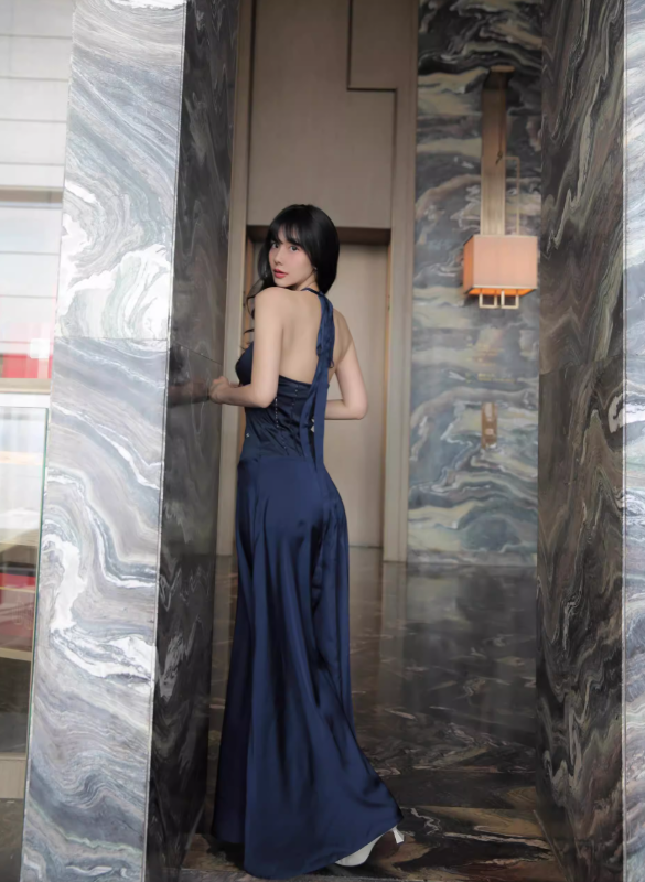 Navy Blue A Line Halter Bow Satin Open Back Prom Dress Evening Dress SH4397