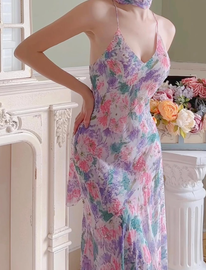 Purple Vintage Mermaid Spaghetti Strap Beaded Print Floral Chiffon Party Dress Prom Dress SH4115