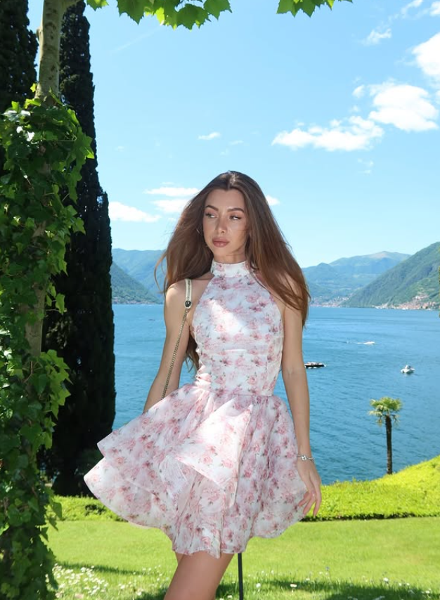 Dreamy Pink A Line Halter Print Layered Organza Short Homecoming Dress Outfits SH6497