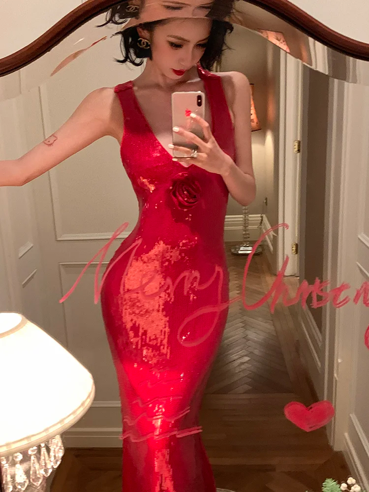 Charming Red Mermaid Halter Sequin Open Back Prom Dress Evening Dress SH4336