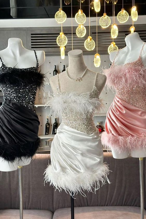Glitter Sequins Spaghetti Straps Homecoming Dresses With Feather SH1334