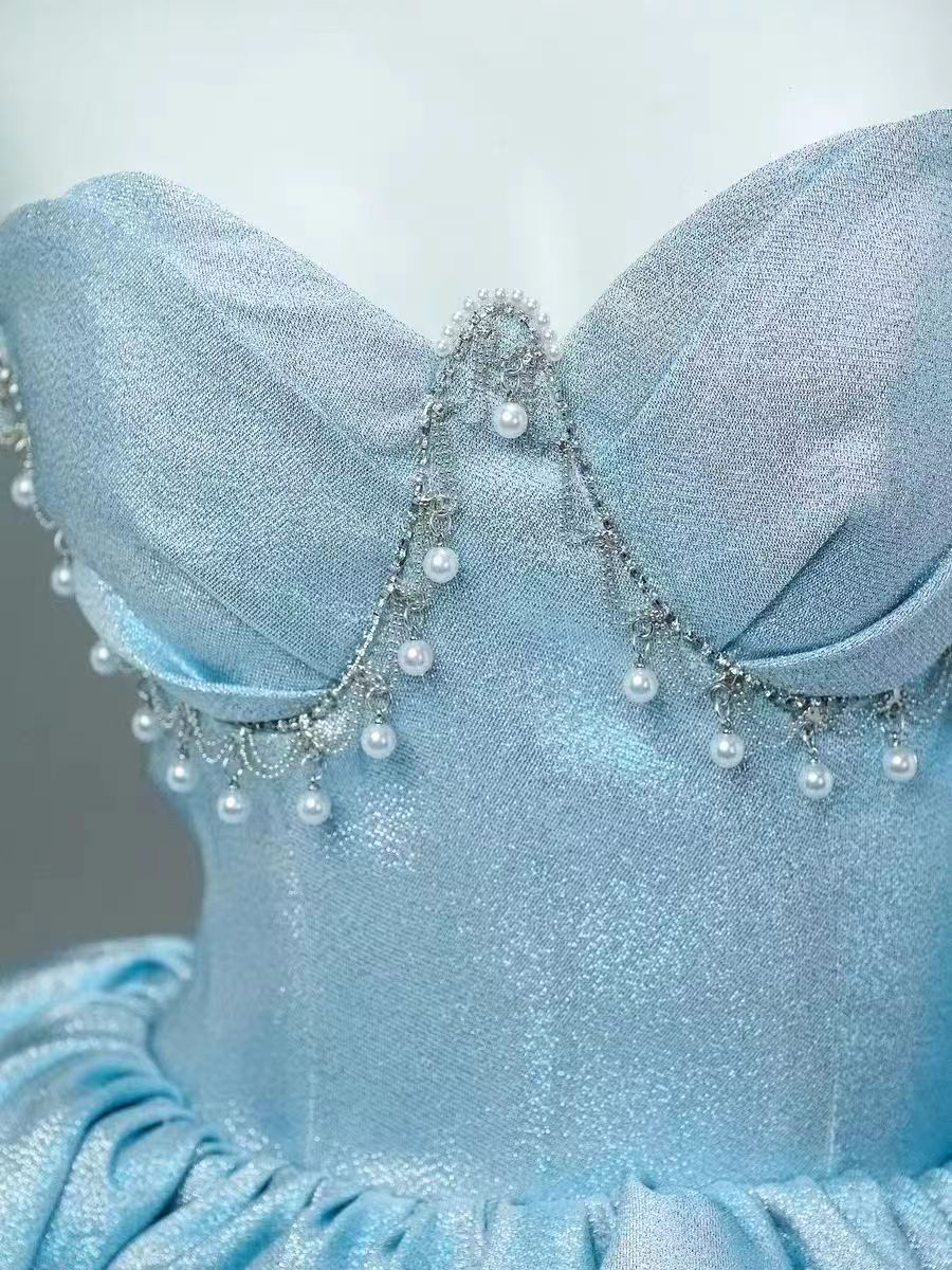 Dreamy Blue Ball Gown Sweetheart Neck Layered Sequin Prom Dress SH4571