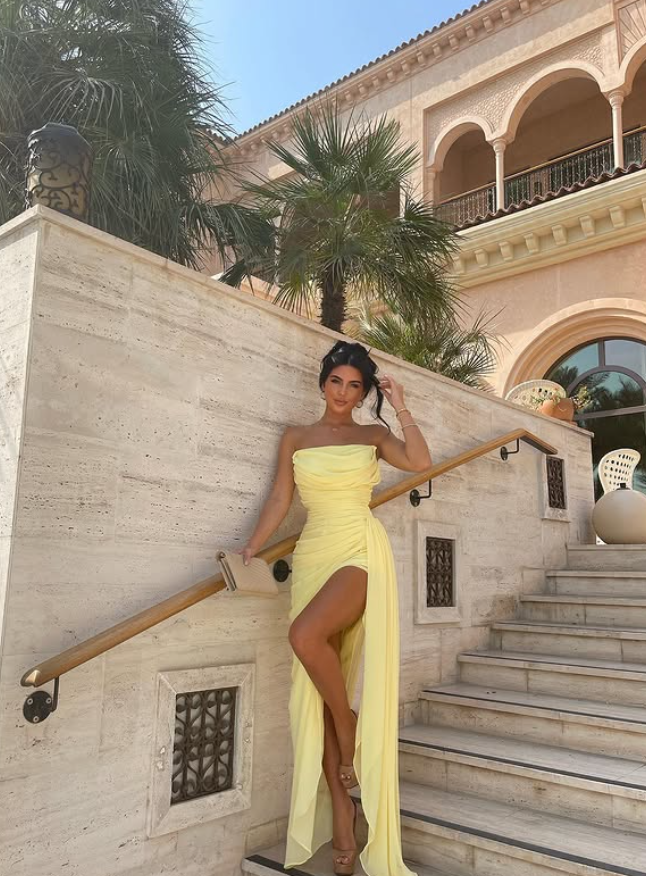 Yellow Sheath Strapless Pleated Chiffon Long Prom Dress Evening Dress with Slit SH4265