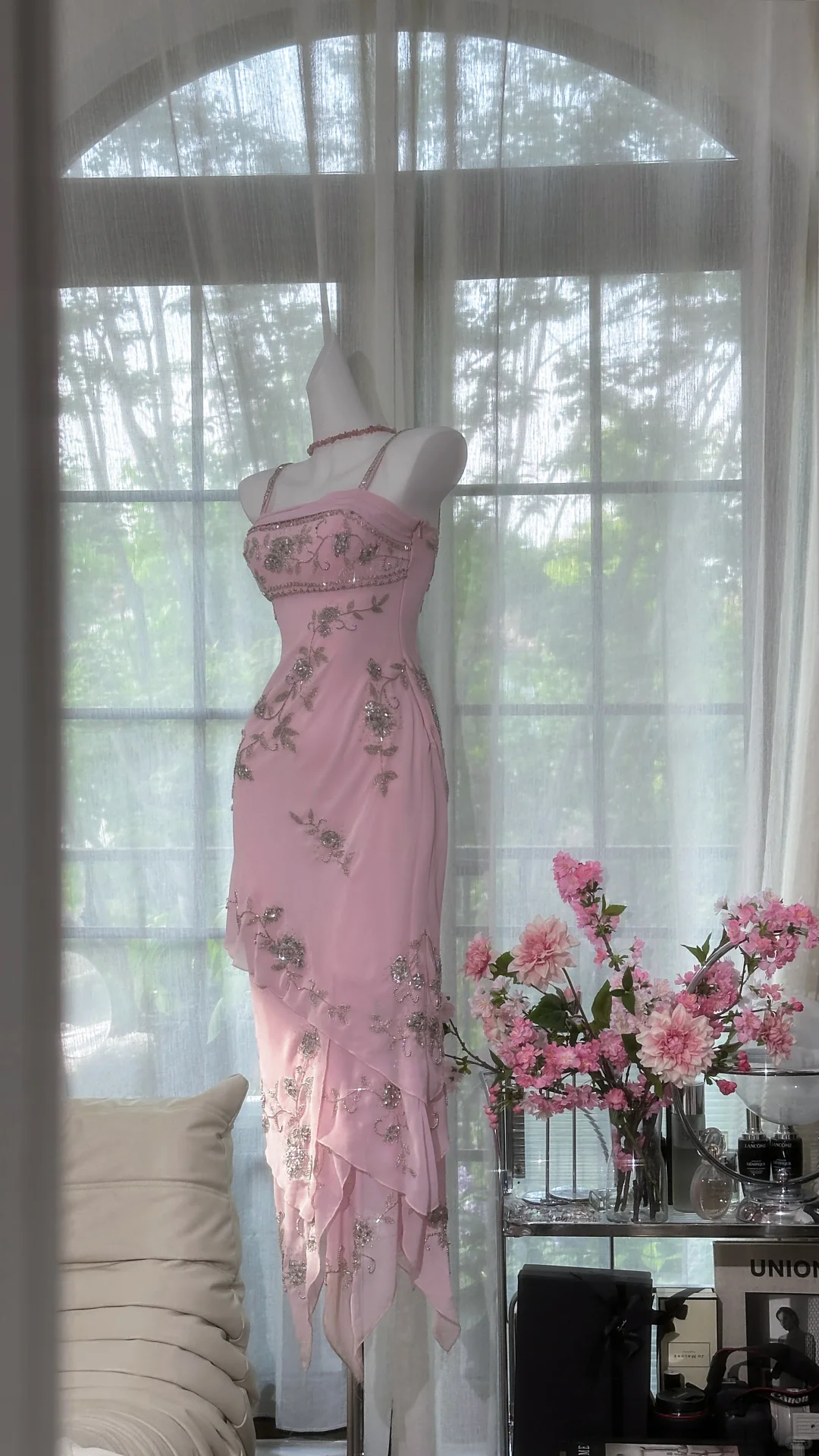 Vintage Pink Sheath Spaghetti Strap Beaded Layered Chiffon Prom Dress 22th Birthday Dress SH4413