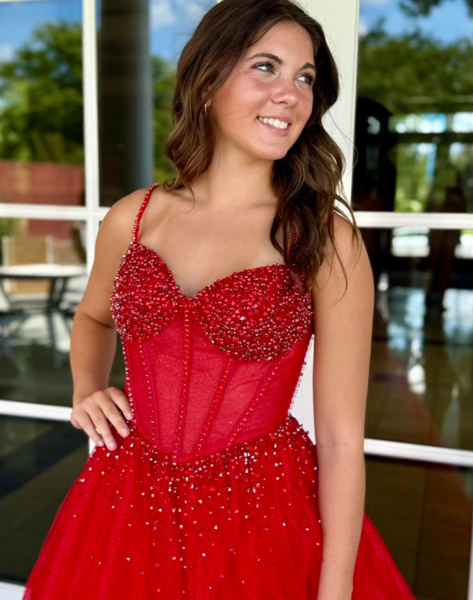 Charming Red A Line Spaghetti Strap Beaded Tulle Long Prom Dress Evening Dress SH6810