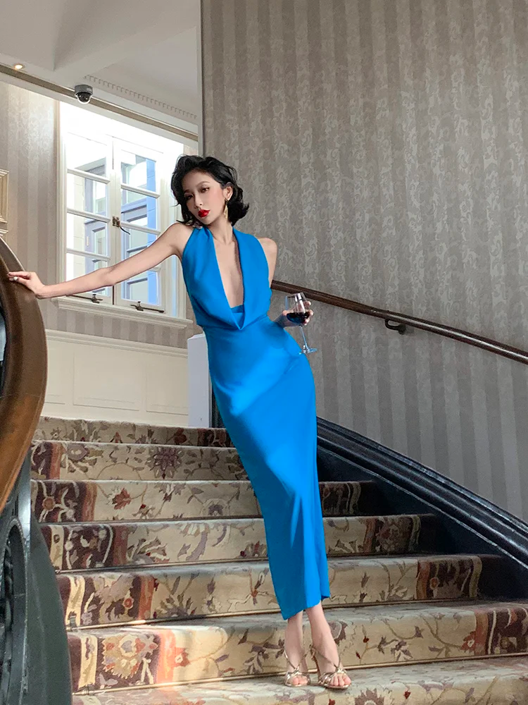 Peacock Blue Sheath Halter Satin Open Back Prom Dress Evening Dress SH4337