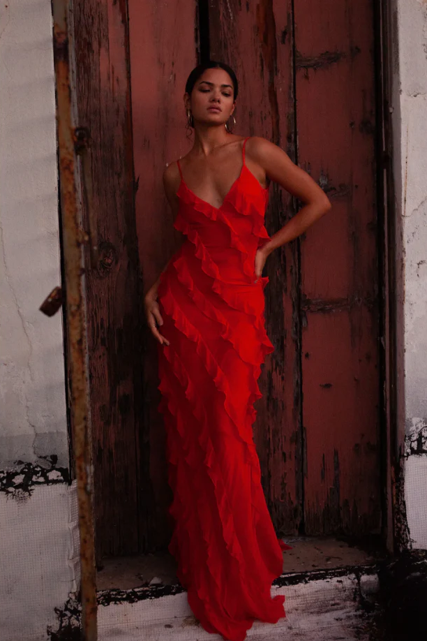 Red Backless Long Prom Dress With Ruffle SH727