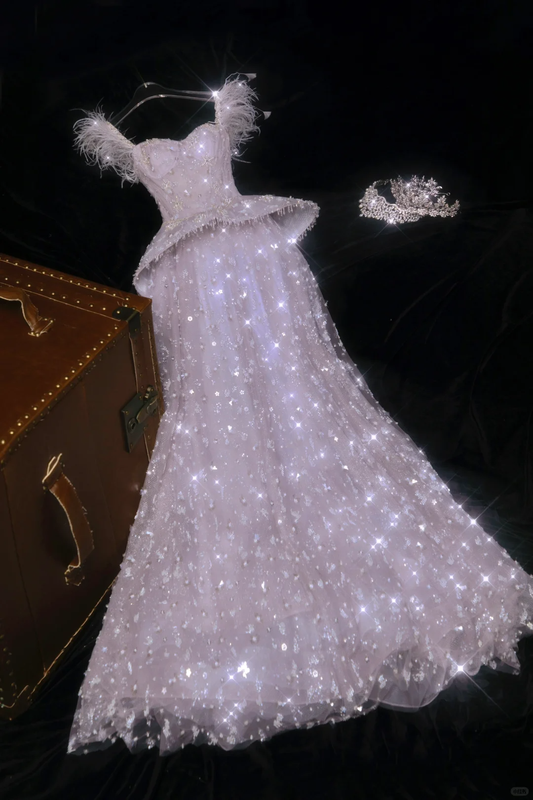 Shiny White Mermaid Spaghetti Strap Beaded Feather Tulle Prom Dress Evening Dress SH3392