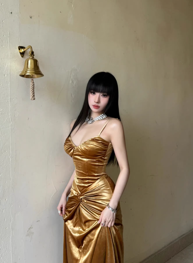 Golden A Line Spaghetti Strap Pleated Velvet Prom Dress Party Dress SH4390