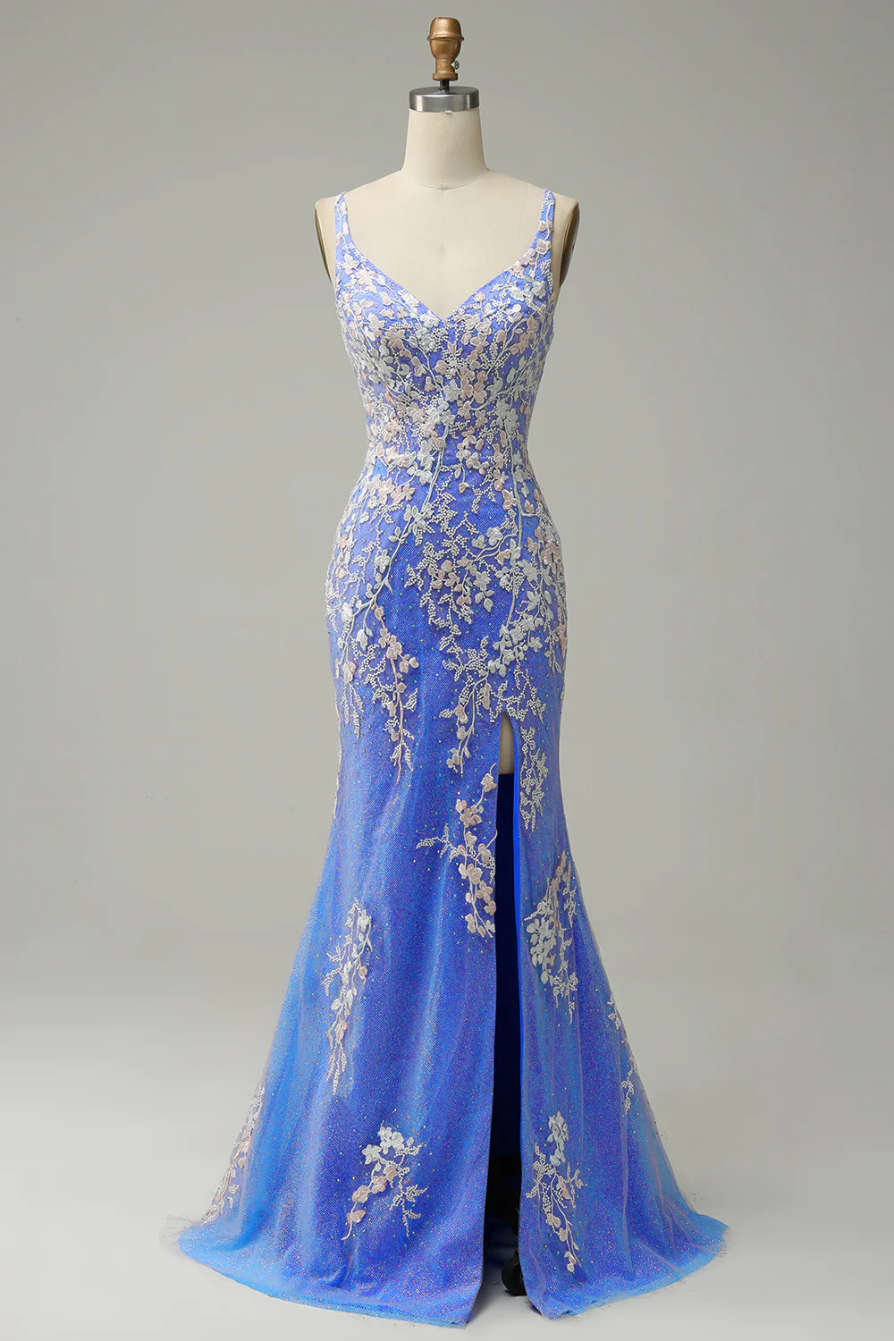 Charming Mermaid V Neck Light Blue Long Prom Dress With Appliques SH616
