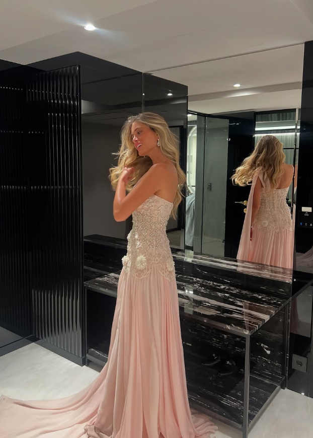 Elegant A Line One Shoulder Beaded Light Pink Satin Prom Dress Wedding Guest Dress SH4722