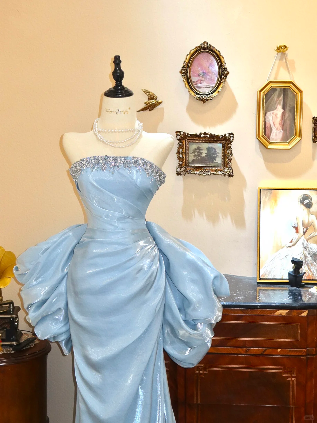 Baby Blue Mermaid Strapless Shiny Beaded Bow Satin Prom Dress Evening Dress SH7375