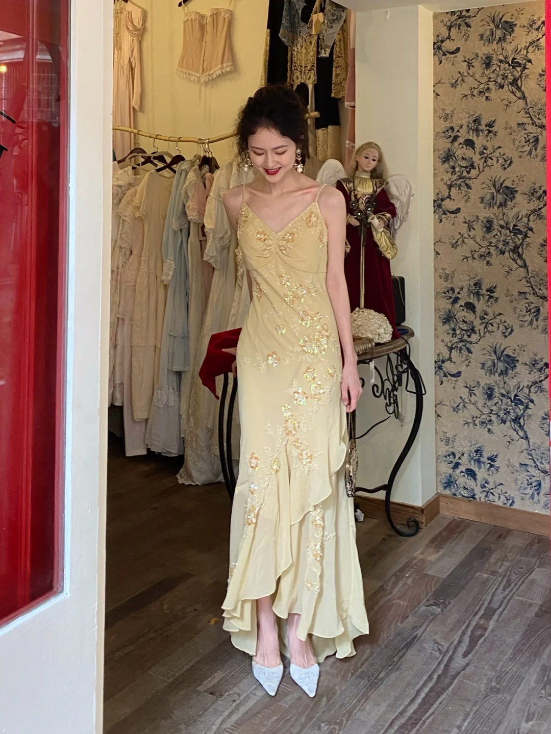 Vintage Yellow Mermaid Spaghetti Strap Beaded Chiffon Prom Dress Wedding Guest Dress SH4499