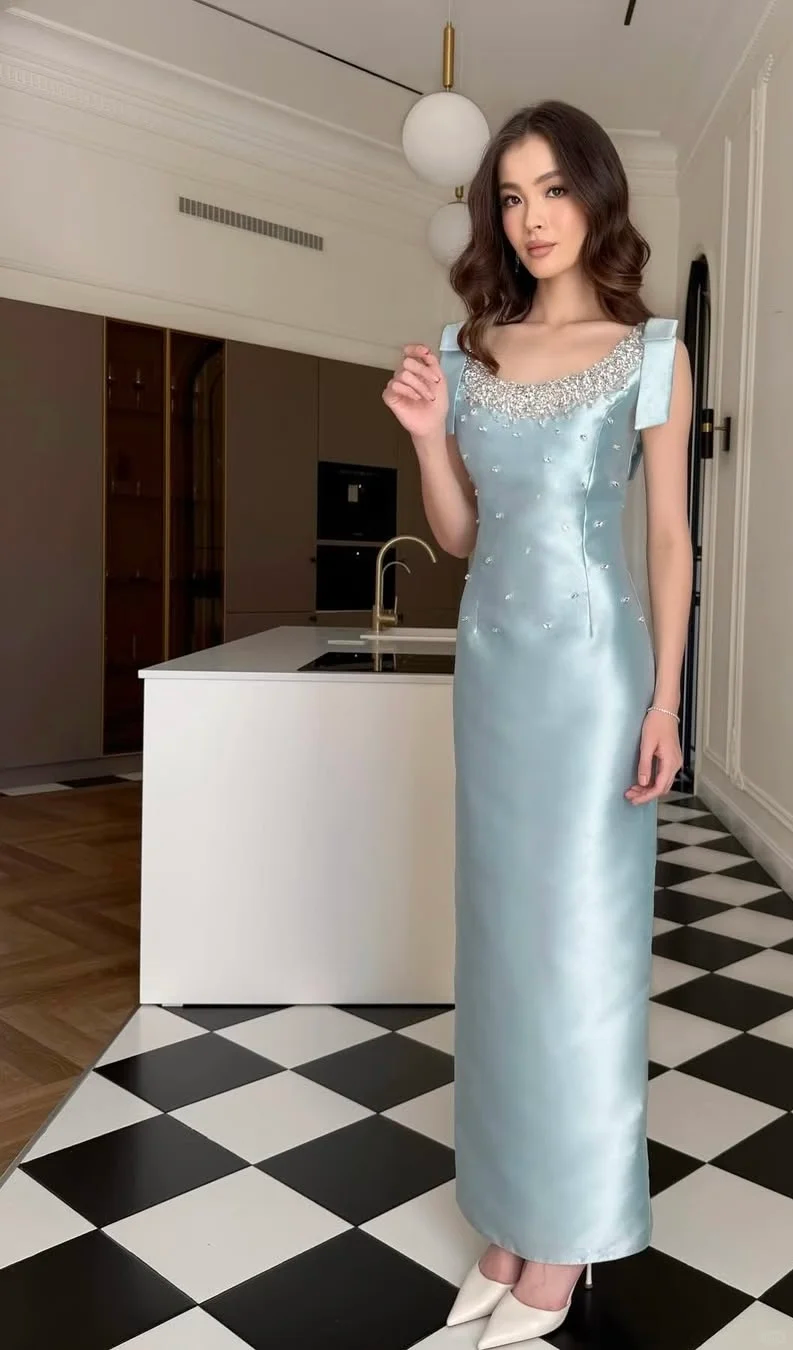 Blue Sheath Bow Straps Rhinestone Satin Long Prom Dress Wedding Guest Dress SH4274