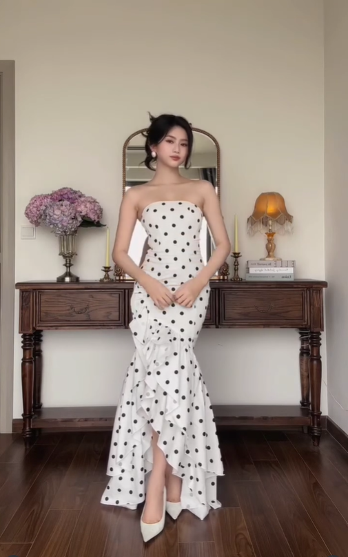 Classic Mermaid Strapless Polka Dot Satin Prom Dress Evening Dress SH4767