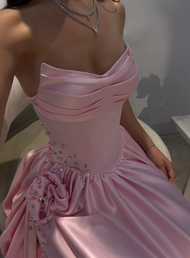 Pink A Line Sweetheart Neck Pleated Satin Prom Dress Wedding Guest Dress with Slit SH4439